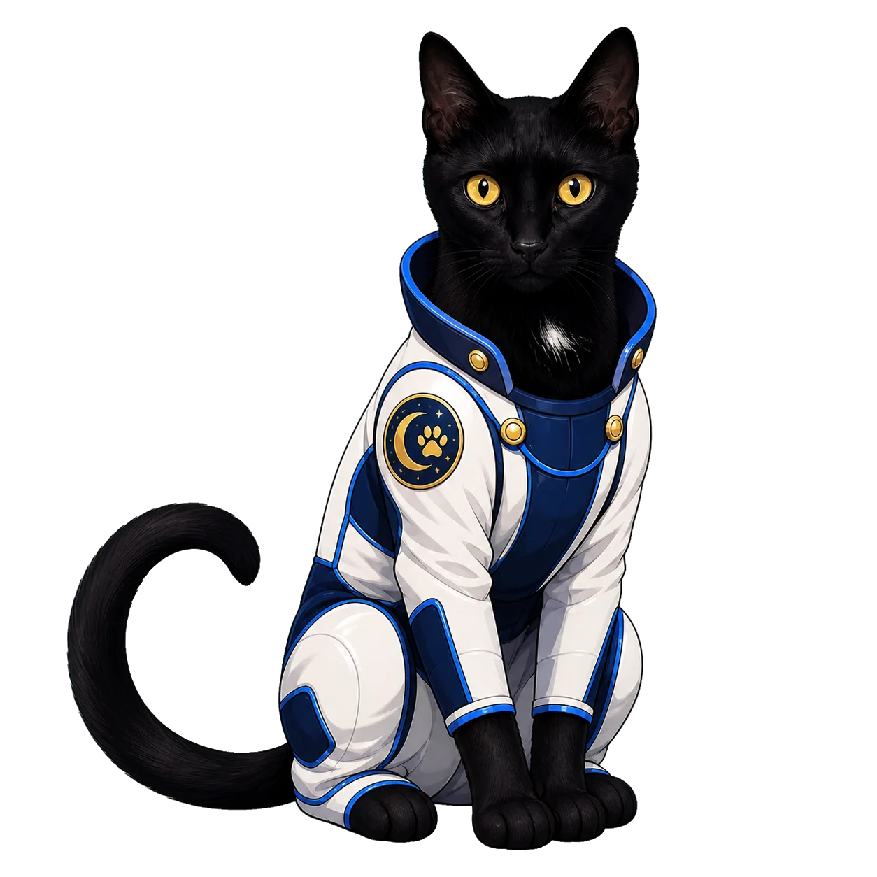 Wally, a black cat in a white and blue spacesuit, MoonPaw's flight companion.